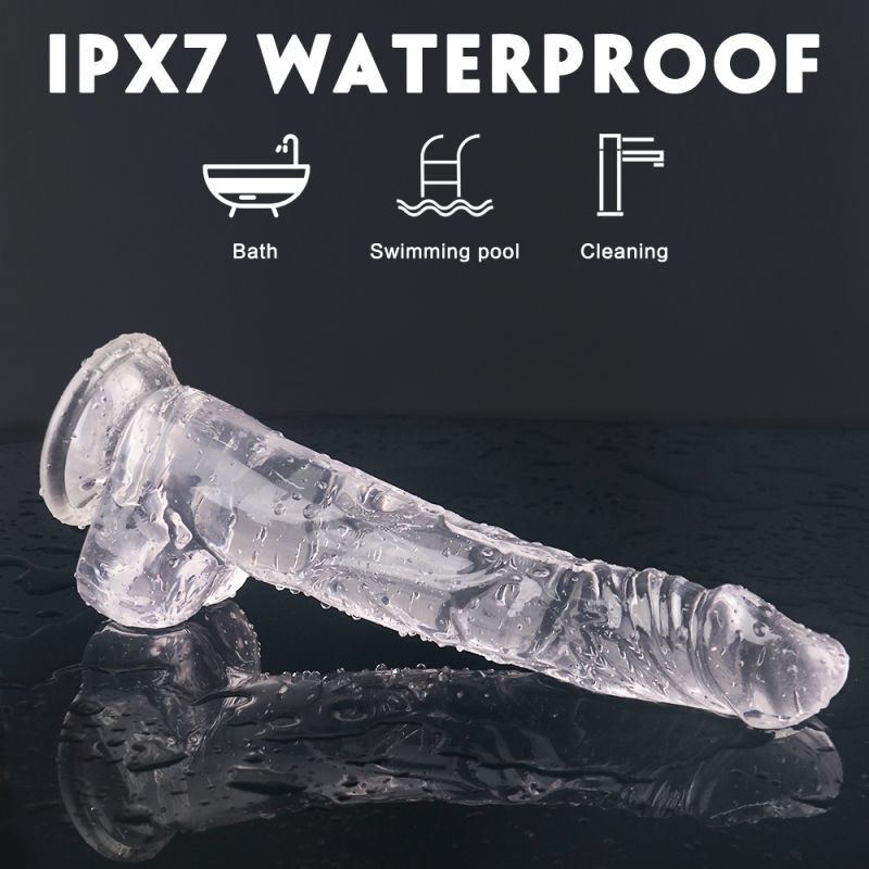 IPX7 waterproof realistic dildo with suction cup for bath, swimming pool, and cleaning.
