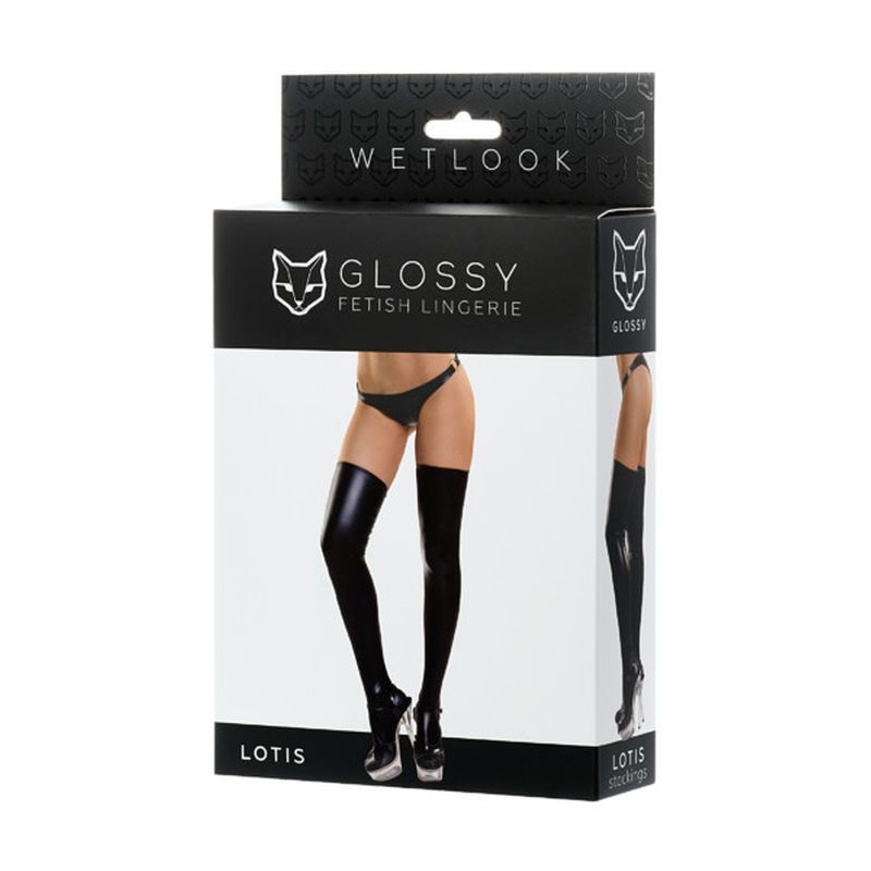 Glossy Wetlook Stockings Lotis packaging featuring black thigh-high stockings for sexy wear.