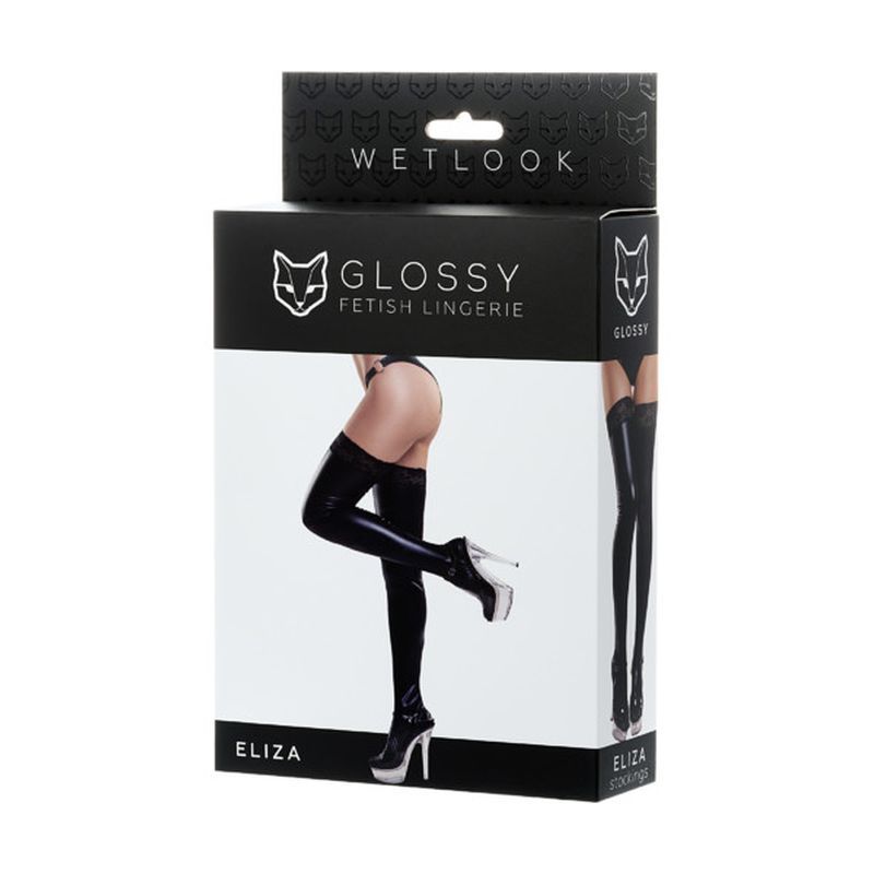 Glossy Wetlook Stockings w Lace Insert Eliza packaging display with model wearing glossy stockings and high heels.
