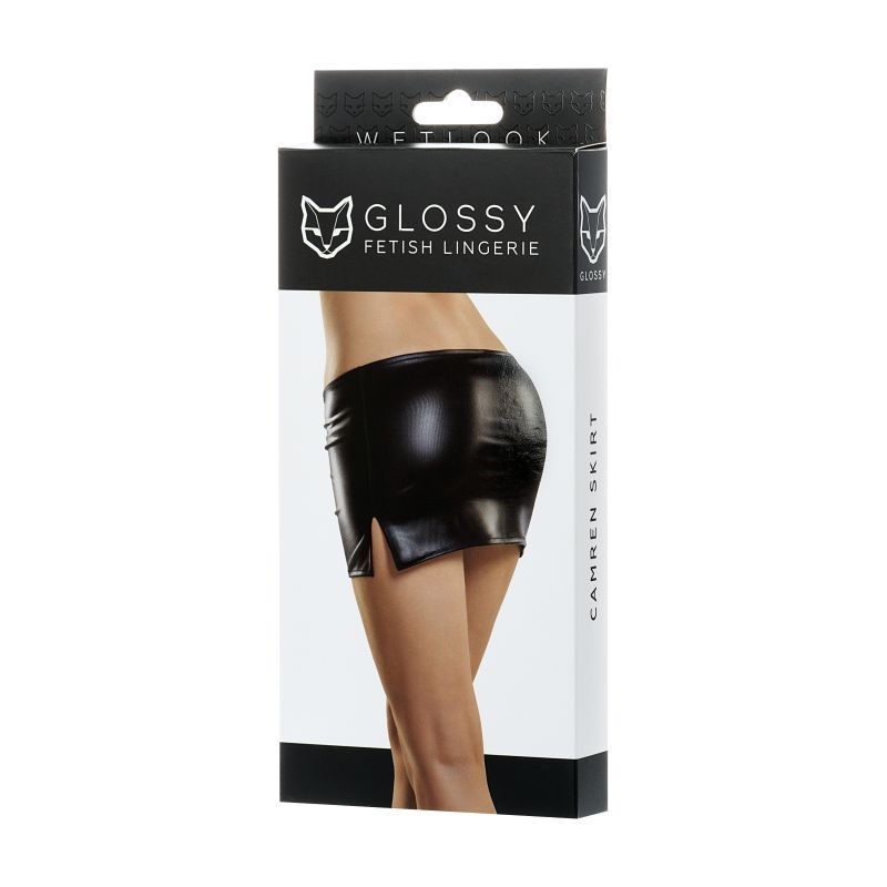 Glossy Wetlook Mini Skirt Camren packaging showcasing its sleek black design and side cut detail.