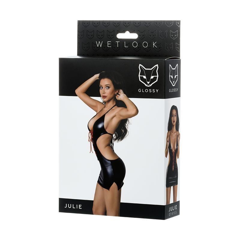 Glossy Dress Wetlook w Red Laces Julie packaging, featuring a model in a sultry wetlook dress with red laces.