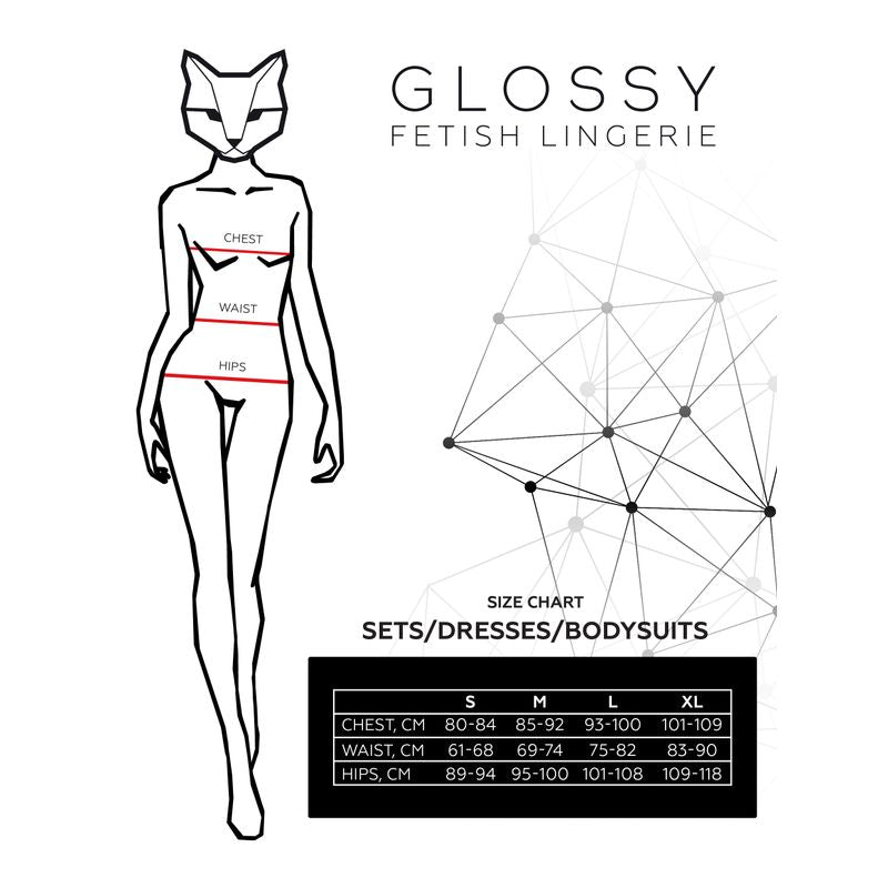 Size chart for Glossy Dress Wetlook w Red Laces Julie, showcasing measurements for chest, waist, and hips.