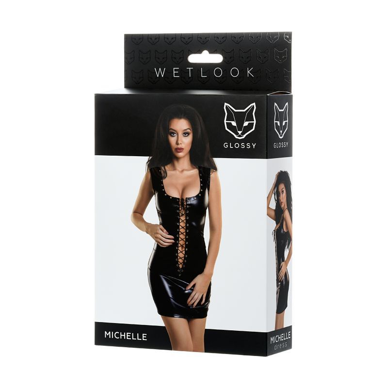 Glossy Wetlook Dress w Studs Michelle packaging featuring a sexy lace-up design dress in black.