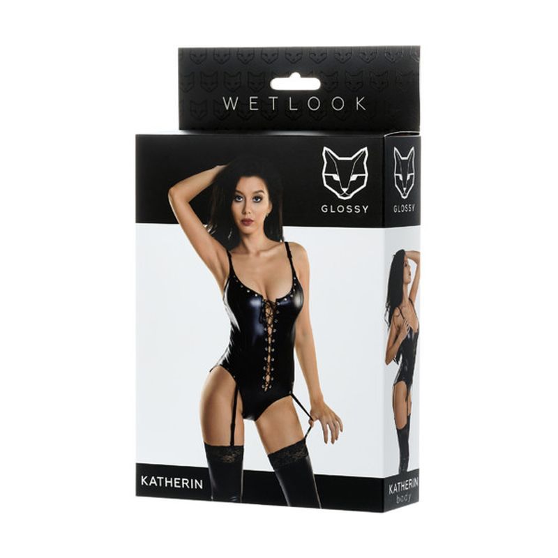 Glossy Wetlook Lace Up Bodysuit Katherin packaging with model showcasing sexy design and glossy finish.