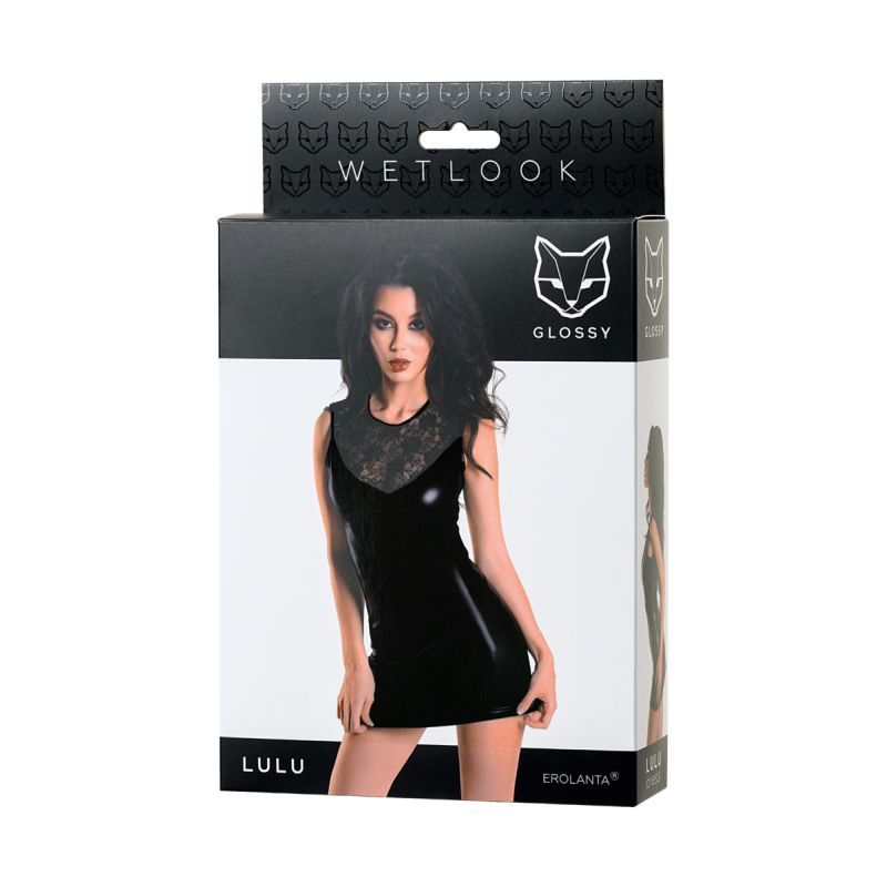 Glossy Wetlook Dress Lulu packaging featuring a model in a wetlook lace dress with floral lace accents.