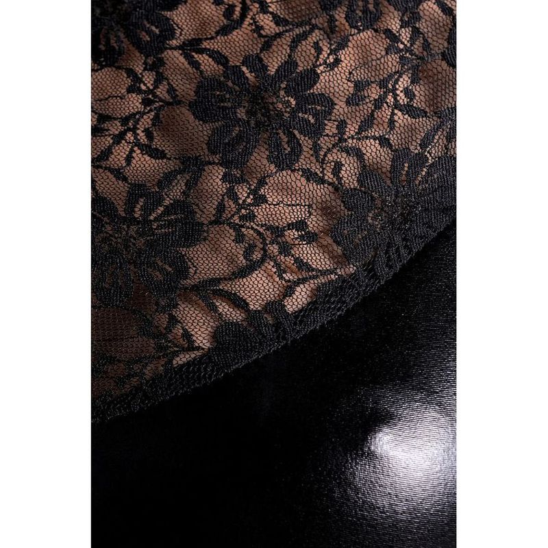 Close-up of the floral black lace insert on the Glossy Wetlook Dress Lulu, showcasing details of the wetlook lace dress.