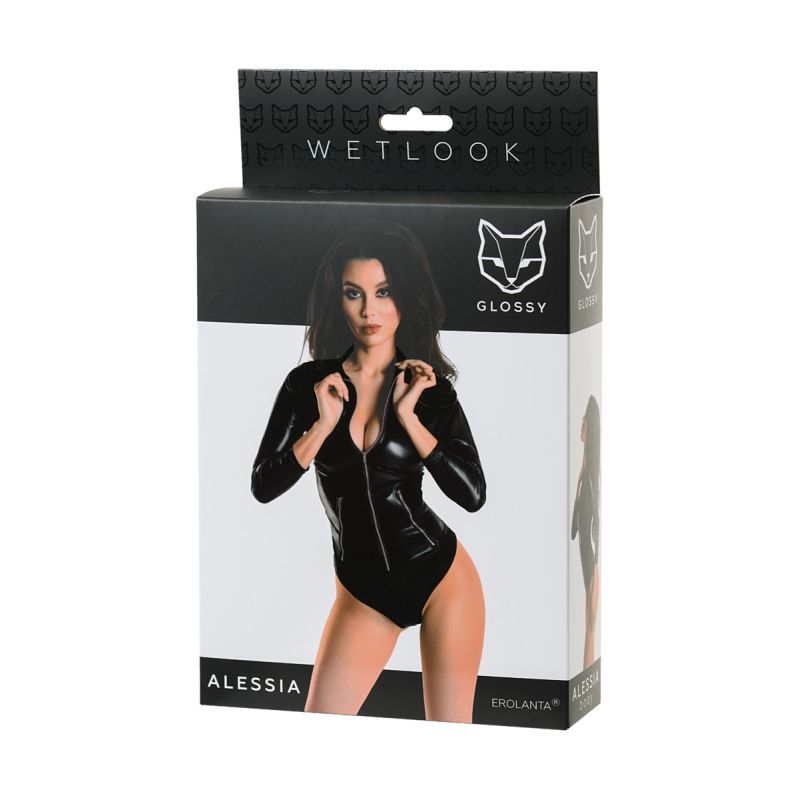 Glossy Wetlook Bodysuit w Zip Alessia packaging with model showcasing the sexy design, ideal for intimate essentials for her.