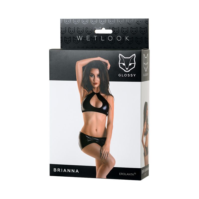Glossy Wetlook Set Brianna packaging showcasing a model wearing a sexy top and tight skirt in black.