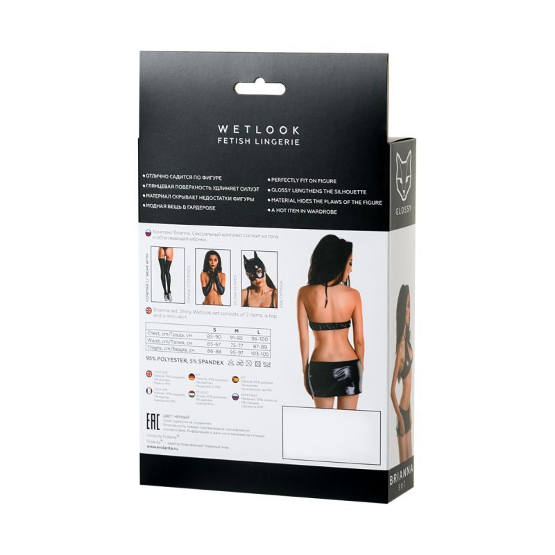 Packaging for Glossy Wetlook Set Brianna, featuring a wetlook lingerie design, details, and size information.