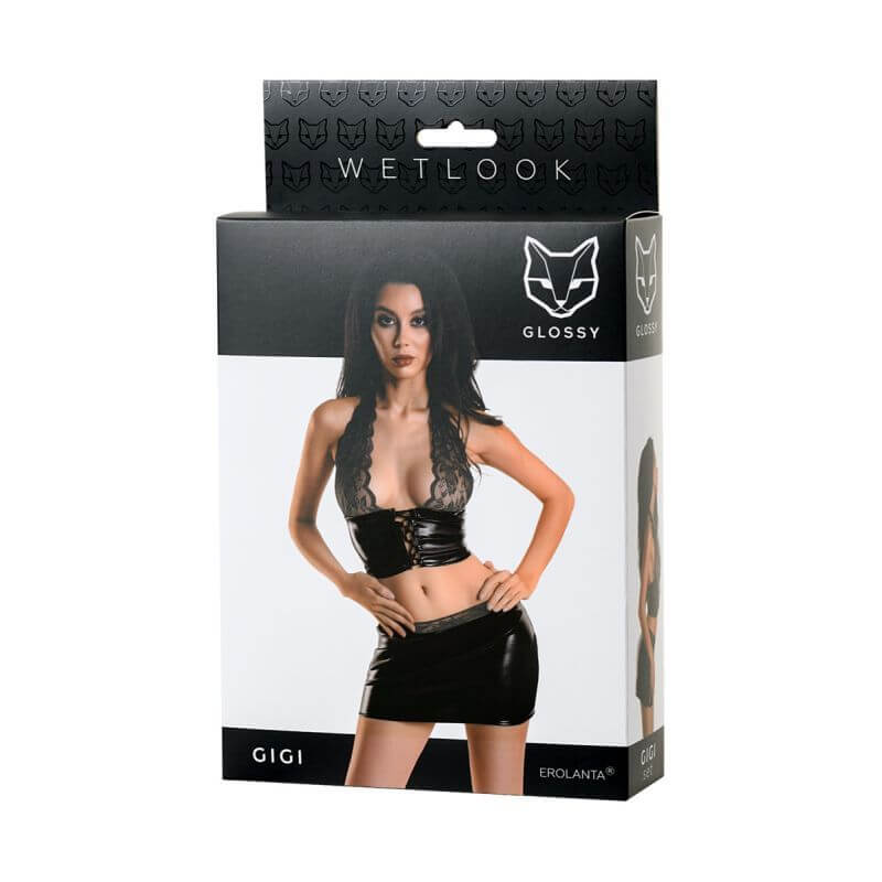 Glossy Wetlook Set Gigi packaging featuring a model in sexy floral lace and wetlook material.
