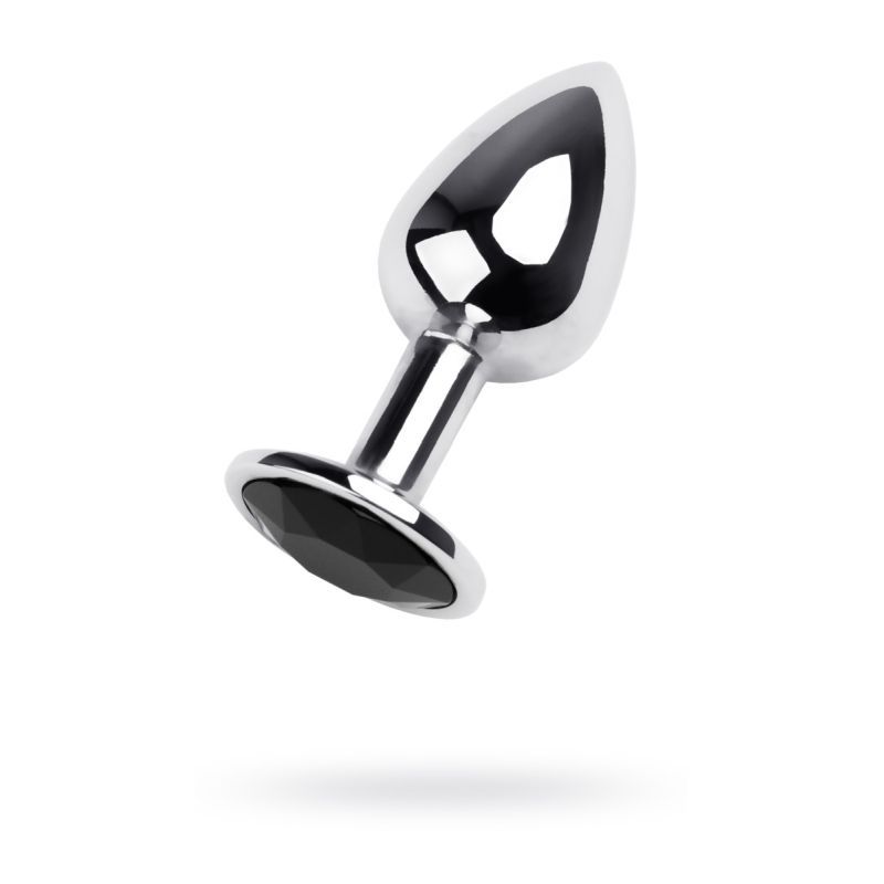 Small silver metal anal plug with black gem, 7cm length and 2.8cm diameter, displayed with a shiny finishe