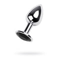 Small silver metal anal plug with black gem, 7cm length and 2.8cm diameter, displayed with a shiny finishe