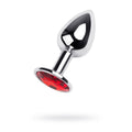 Silver anal plug with ruby gem, small size, features a shiny design and elegant red ruby gem, ideal for gifting.
