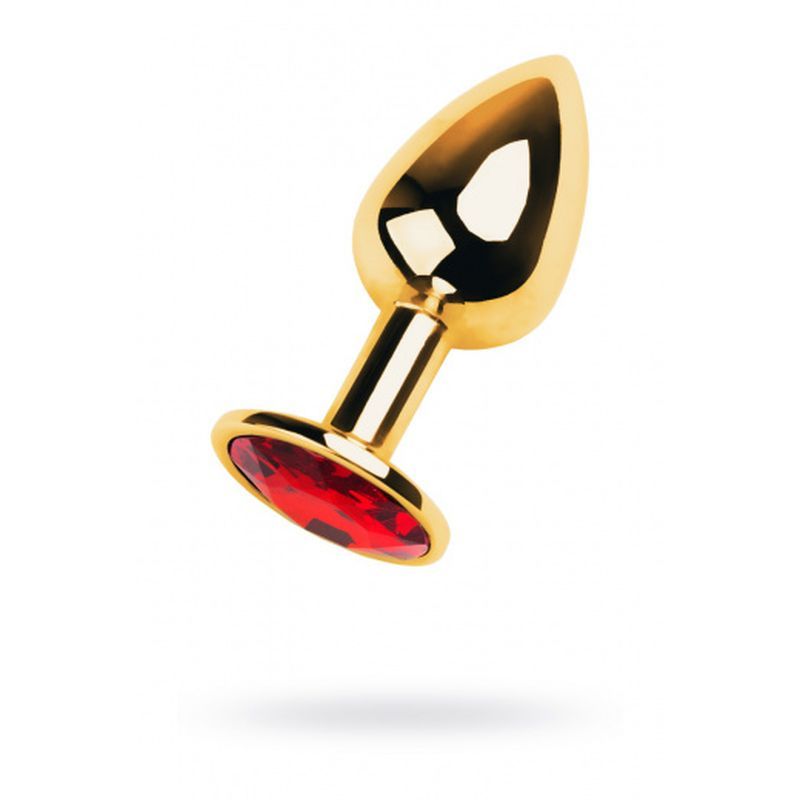 Gold Metal Anal Plug with Ruby Gem showcasing red ruby detail, 7cm length, and elegant design.