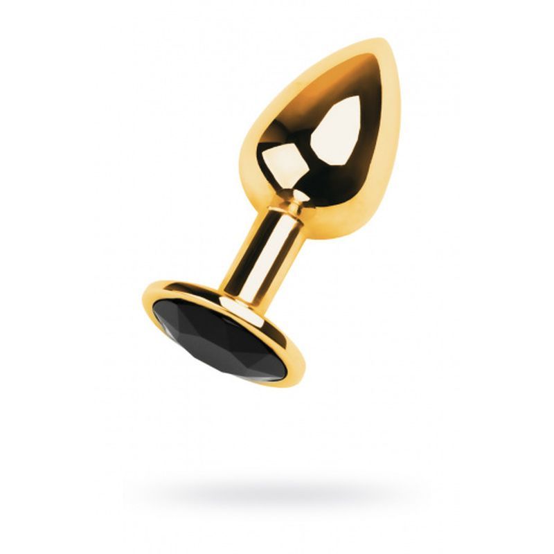 Gold Metal Anal Plug w Black Tourmaline Gem, small, 7cm length, 2.8cm diameter, gold anal plug with black tourmaline.