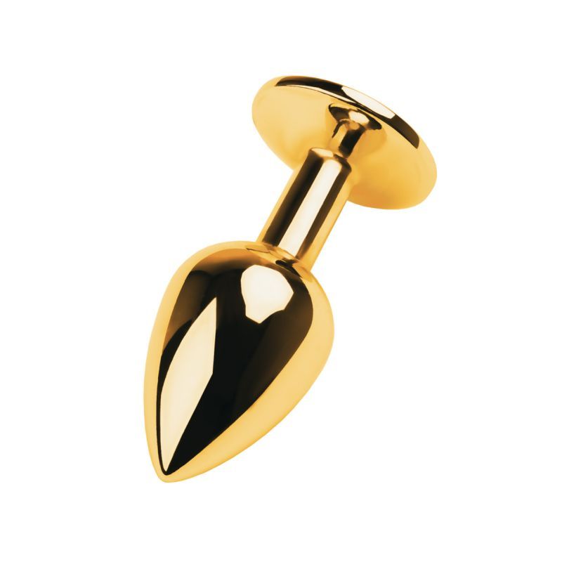 Gold Metal Anal Plug w Black Tourmaline Gem Small for intimate pleasure, 7cm length, 2.8cm diameter.