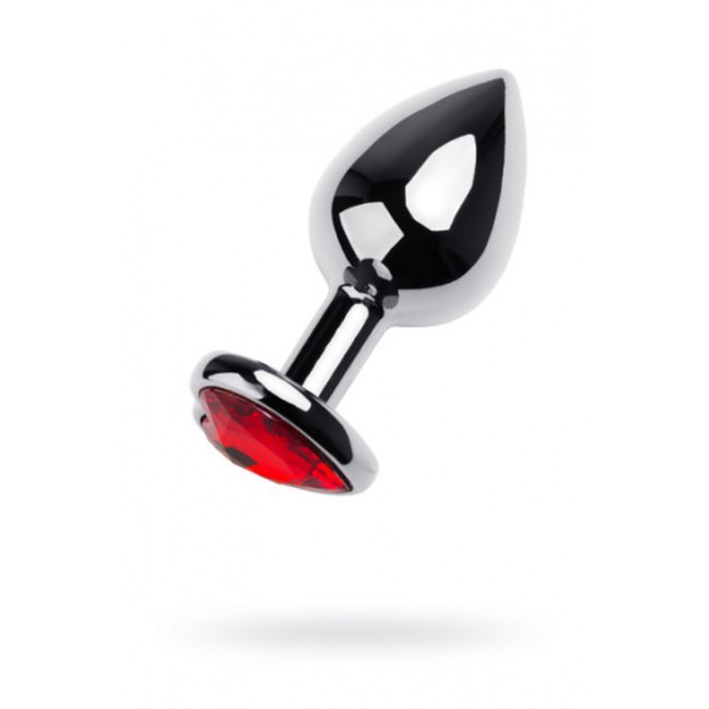 Silver anal plug with red ruby crystal heart gem, medium size, 8cm length, showcasing a sleek design.