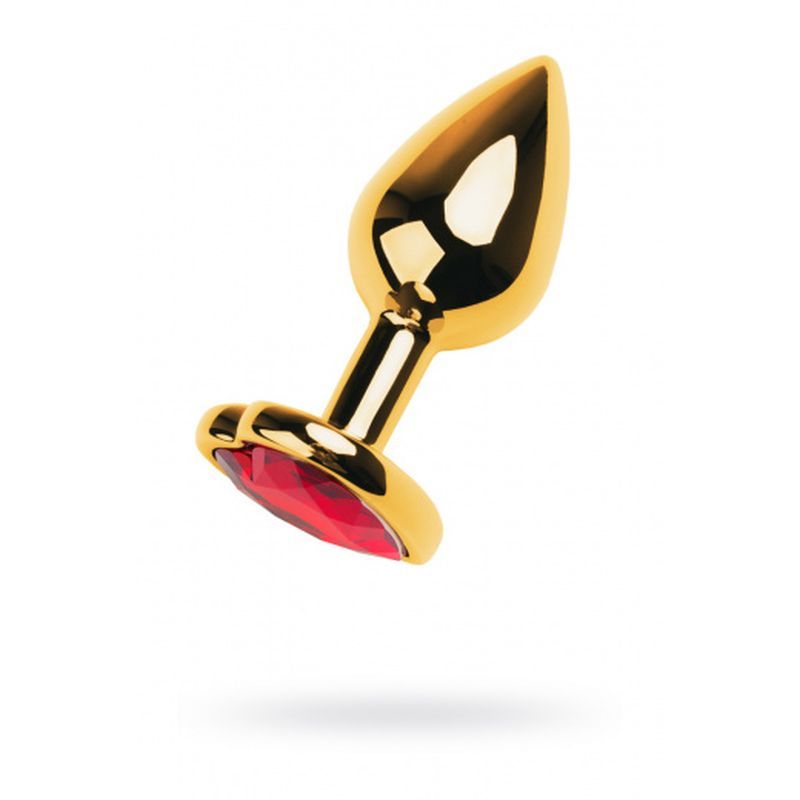 Gold metal anal plug with ruby heart crystal showcasing its elegant design and vibrant red gem.