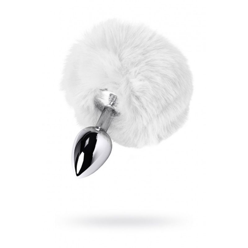 Small bunny tail anal plug made of silver metal with fluffy white faux fur tail, perfect for intimate play.