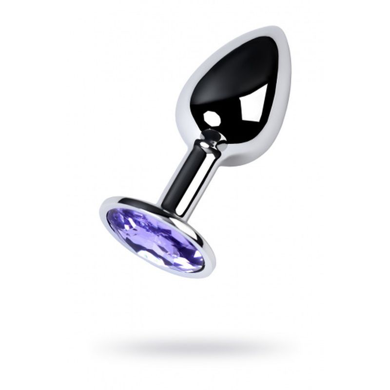 Silver anal plug with amethyst crystal showcased, featuring a shiny finish and a purple gemstone.