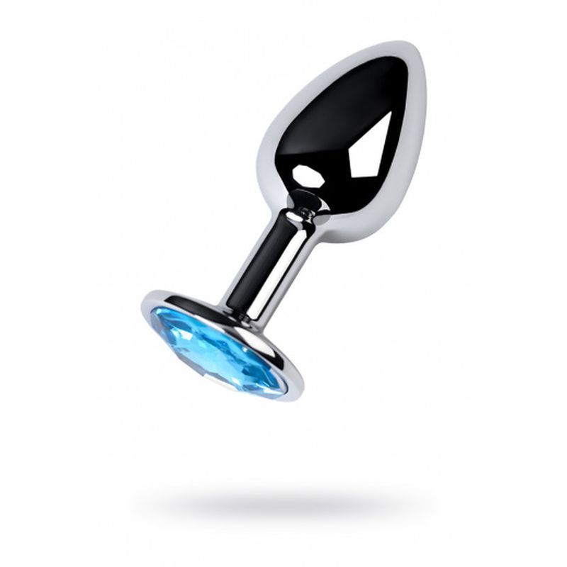 Silver Metal Anal Plug with Topaz Crystal, featuring a blue topaz gem, 7cm long, presented in a velvet bag.