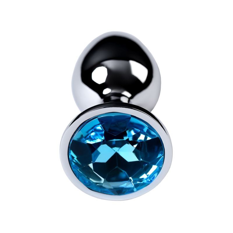 Silver Metal Anal Plug w Topaz Crystal, featuring a blue topaz gem, 7cm length, 2.8cm diameter.