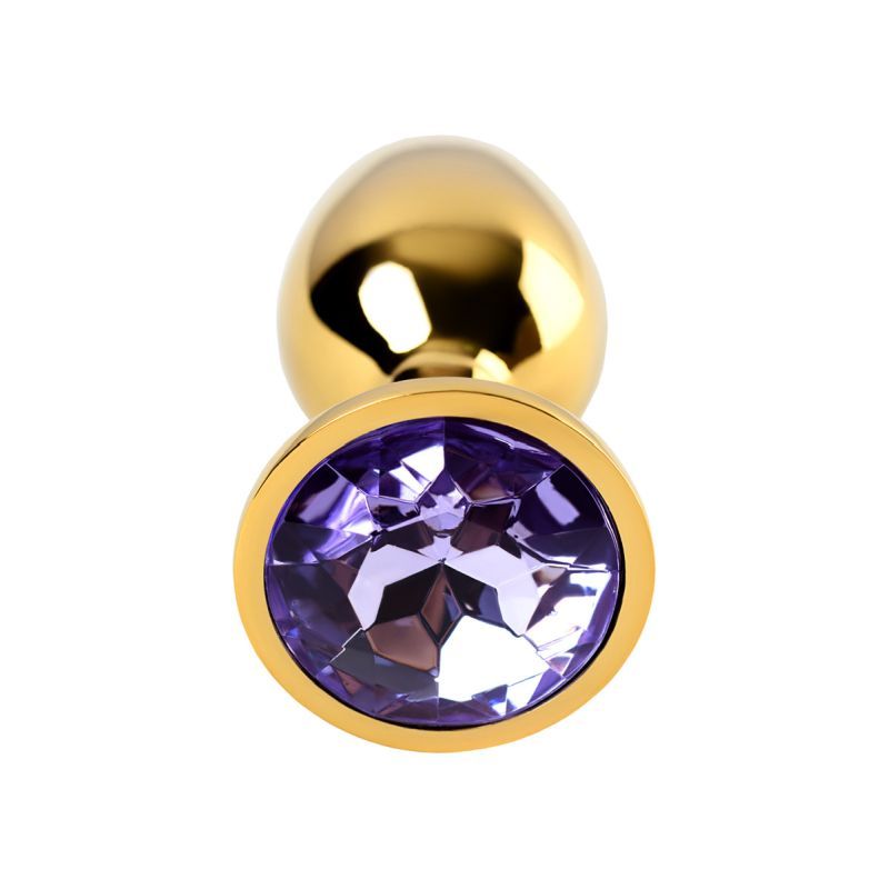Gold Metal Anal Plug w Amethyst Crystal Small for beginners, featuring a purple crystal and luxury gold frame.