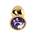 Gold Metal Anal Plug w Amethyst Crystal Small for beginners, featuring a purple crystal and luxury gold frame.