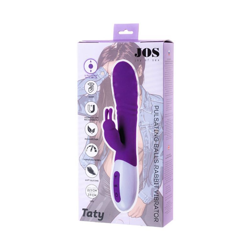 JOS Taty Pulsating Rabbit Vibrator packaging showcasing a clit stimulating vibrator with 7 functions and USB rechargeable.