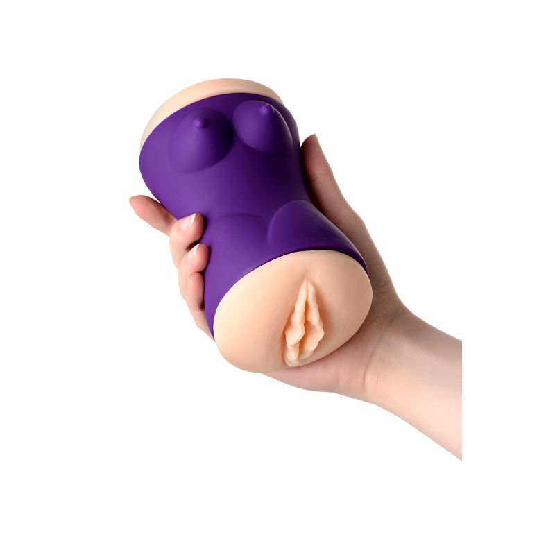 Hand holding JOS Yara Masturbator in violet color, silicone and TPR material.