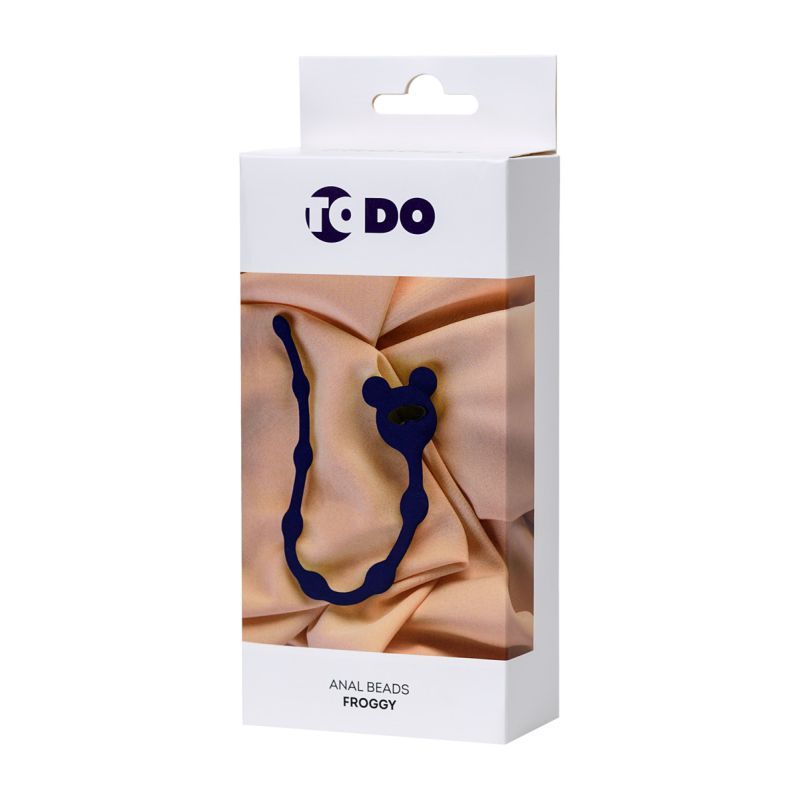 ToDo Froggy Anal Chain in navy blue silicone packaging with beads, featuring a flexible design.