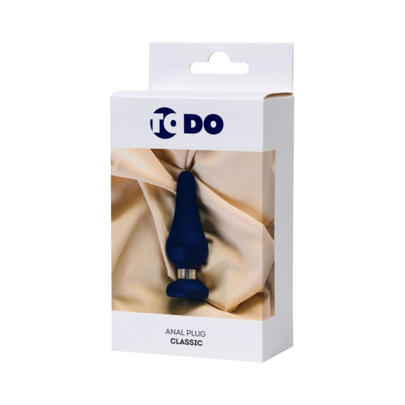ToDo anal plug classic packaging featuring blue silicone anal plug on a satin background.