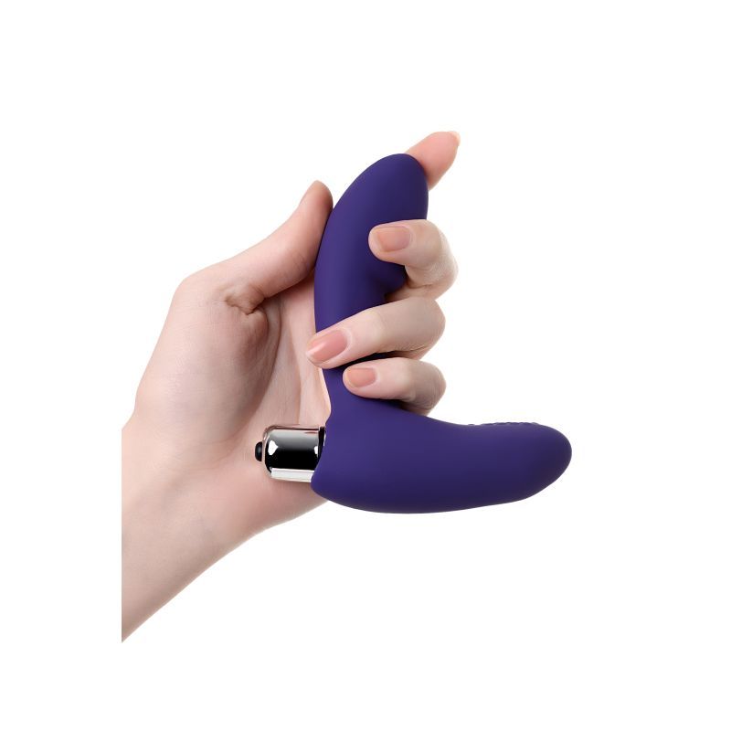 ToDo Bruman Vibrating Prostate Stim held in hand, showcasing its flexible design and violet color for intimate essentials.