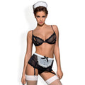 sexy maid lingerie set featuring a black mesh bra, apron, and headband for a flirtatious look.