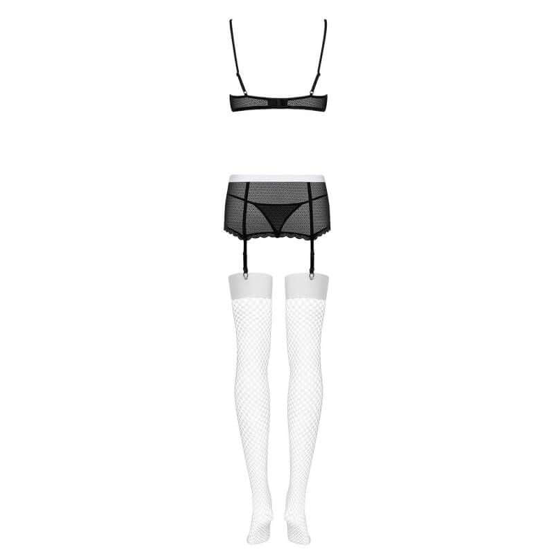 Sexy maid lingerie set featuring a black underwire bra, matching panties, garter belt, and fishnet stockings.