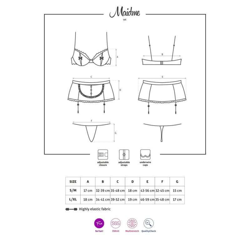 Size chart for Maidme sexy maid lingerie set with detailed measurements and fabric information.