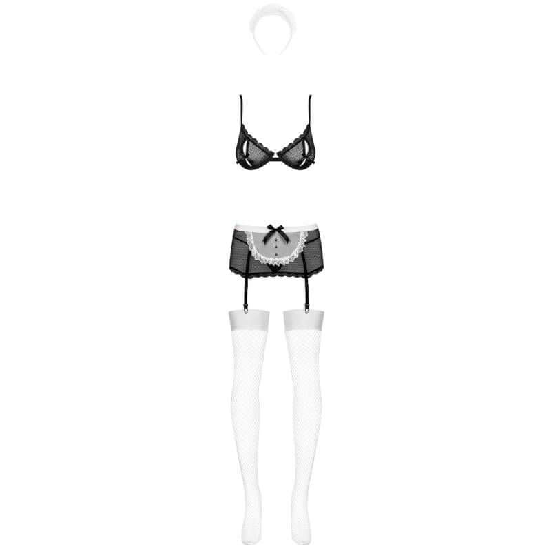 Maidme Set 5 Pc. black lingerie set with bra, garter skirt, and thigh-high stockings for intimate essentials.