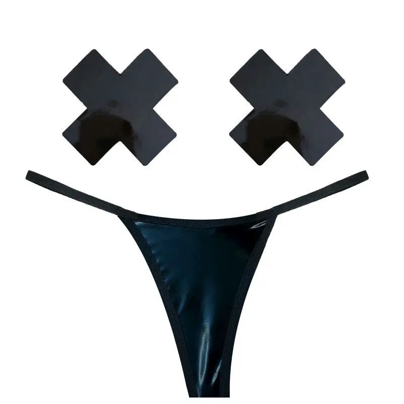 Dom Squad Black Wet Vinyl Pastie & G-String Set Neva Nude Discreet Intimate Essentials.