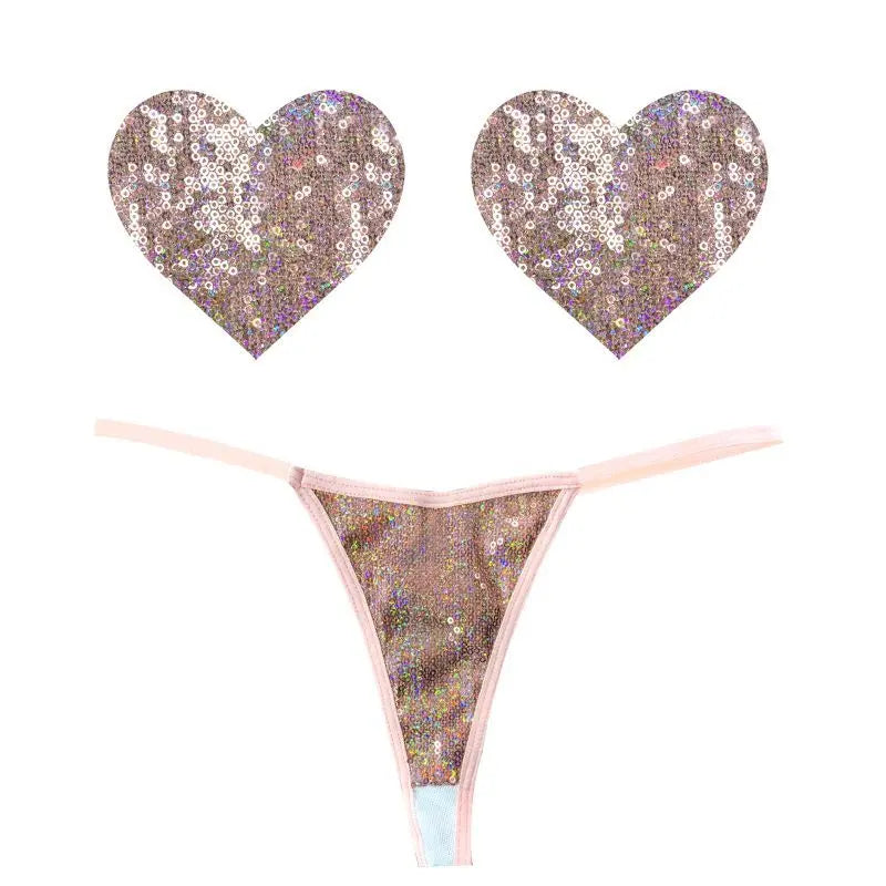 Bubbly Feels Nude Sequin Pantie and Heart Pastie Set Neva Nude Discreet Intimate Essentials.