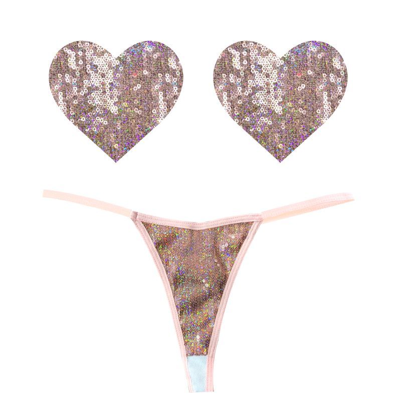 Bubbly Feels nude sequin pantie set with matching heart pasties, designed for comfort and style.