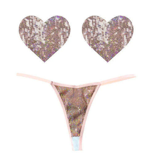 Bubbly Feels Nude Sequin Pantie and Heart Pastie Set Neva Nude Discreet Intimate Essentials.