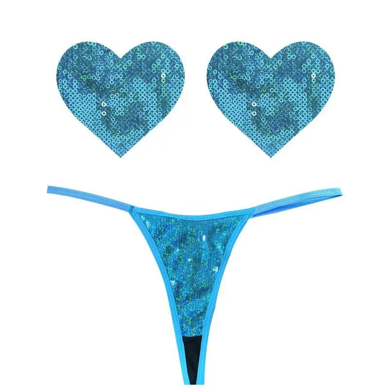 Mahi Mahi Blue Sequin G-String and Heart Pastie Set Neva Nude Discreet Intimate Essentials.
