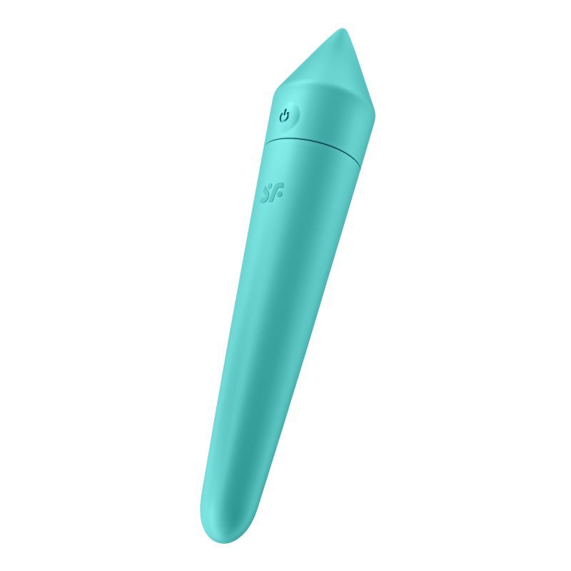 Satisfyer Ultra Power Bullet 8 in turquoise color, long oval shape, cone end, waterproof and rechargeable.