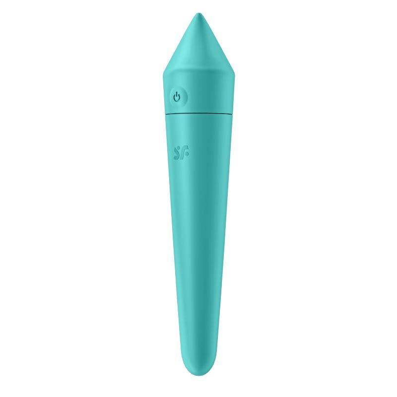 Satisfyer Ultra Power Bullet 8 in turquoise color with a cone-shaped end, designed for versatile pleasure use.