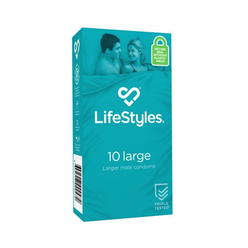 LifeStyles Large Condoms 10 packaging for large condoms for wider members, featuring a couple and product details.