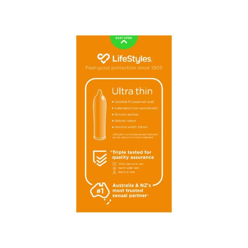 LifeStyles Ultra Thin Condoms 20 package showcasing features like ultra-thin design and comfort fit.