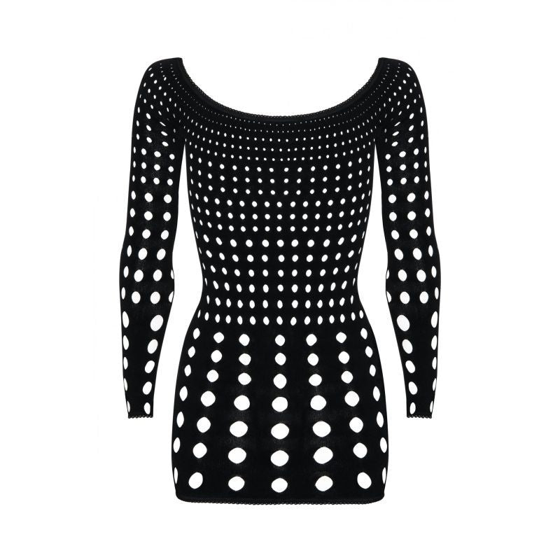 Stylish black rocker dress featuring a unique dotted pattern and long sleeves, perfect for a night out.