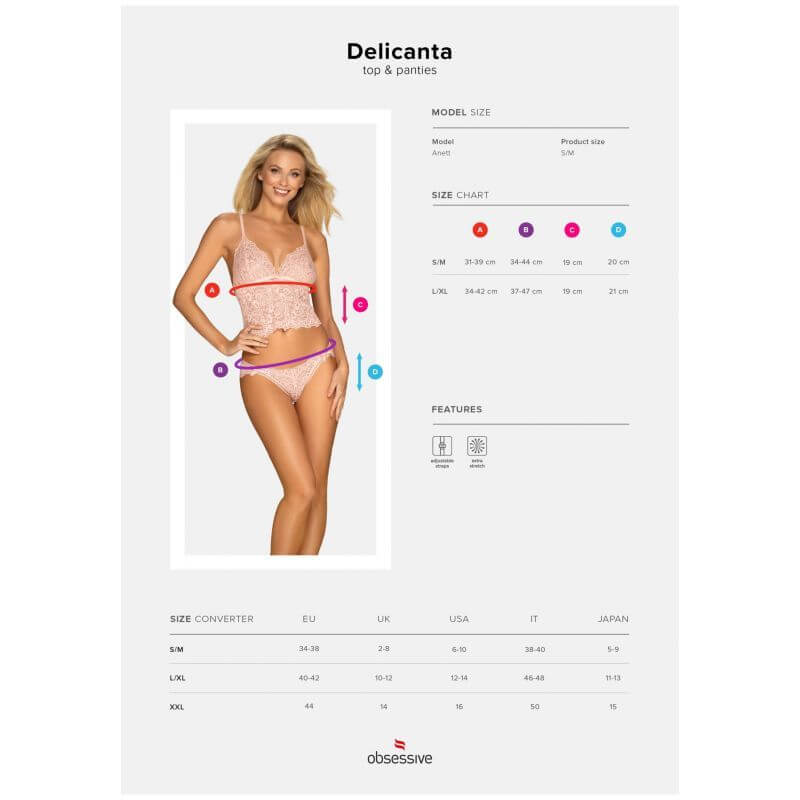 Delicanta Top and Panties Pink size chart showing model size and features for intimate essentials for her.