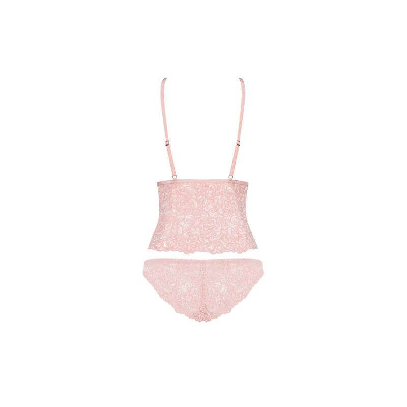 Delicanta pink lace lingerie set featuring a translucent lace top and matching panties in a soft pink color.