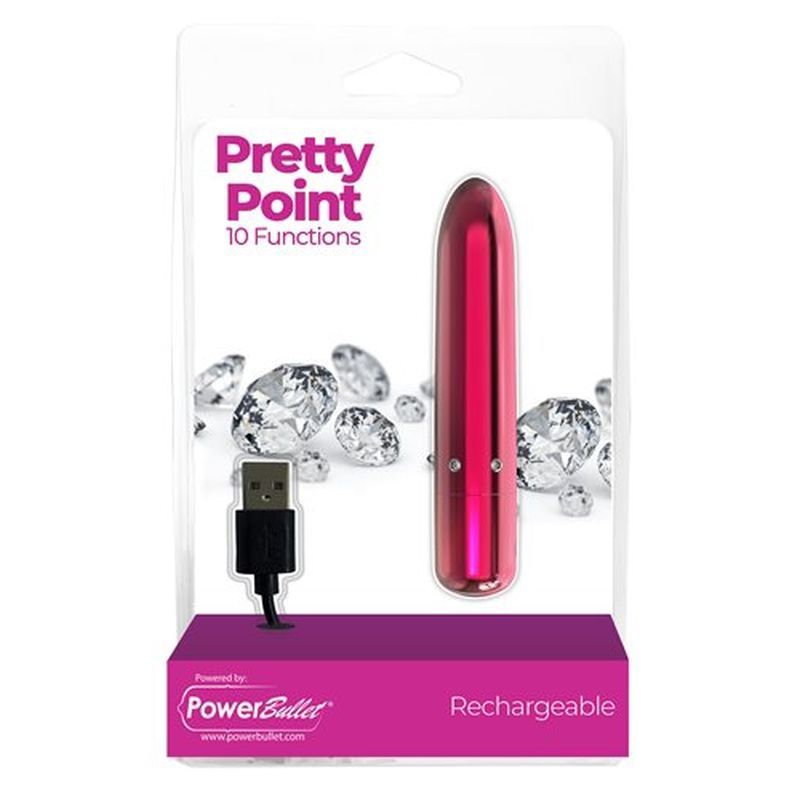 Pretty Point 4in pink bullet vibrator packaging featuring 10 functions and USB charging.